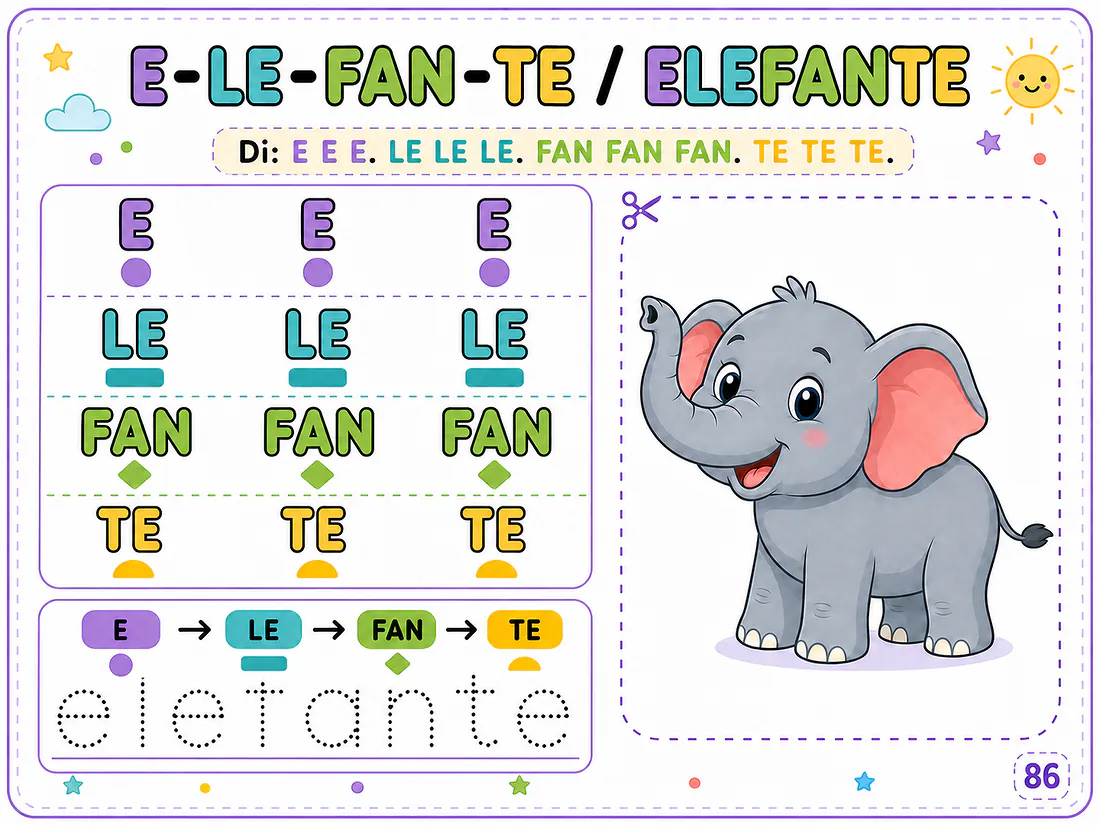 Página real 15: práctica de la palabra ELEFANTE