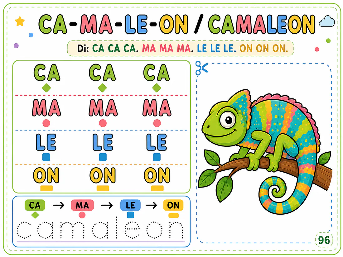 Página real 20: práctica de la palabra CAMALEÓN