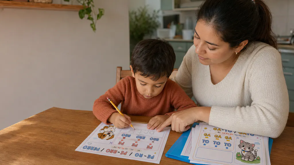 Madre y niño practicando con una página impresa del kit