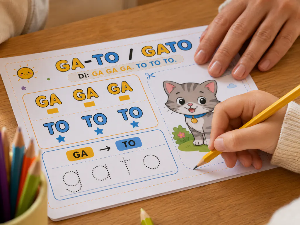Mano infantil trazando una palabra punteada en una hoja de grafismo fonético